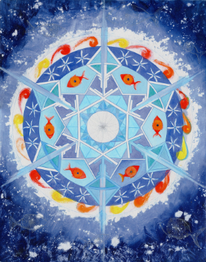 Snowflake mandala with six points with fish, and geometric shapes and fish. The center has pencil lines converging to represent the heart of dust