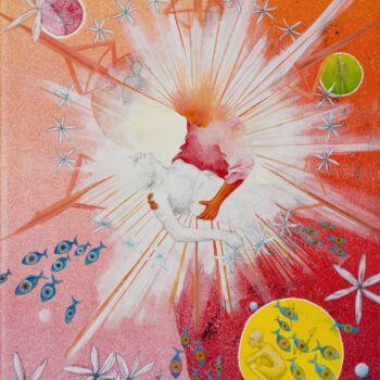 Artwork of the Red King lifting a dying person with celestial bodies, fish, flowers, on a red and orange background