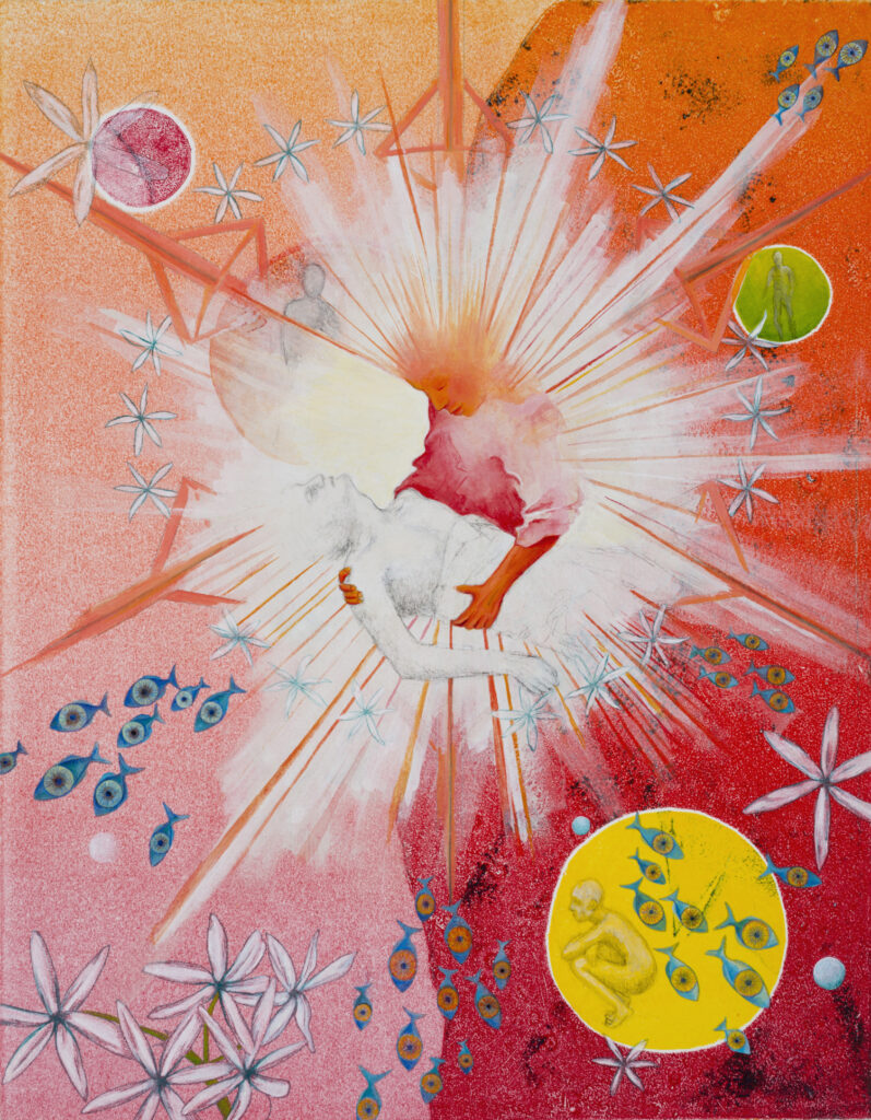 Artwork of the Red King lifting a dying person with celestial bodies, fish, flowers, on a red and orange background