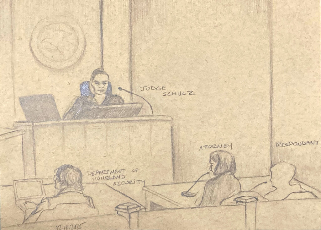 Pencil drawing of Judge Schultz seated at raised desk in the upper left page. DHS representative seated lower left at a desk on a computer. Silhouette of child respondent at right, seated at desk with immigration attorney