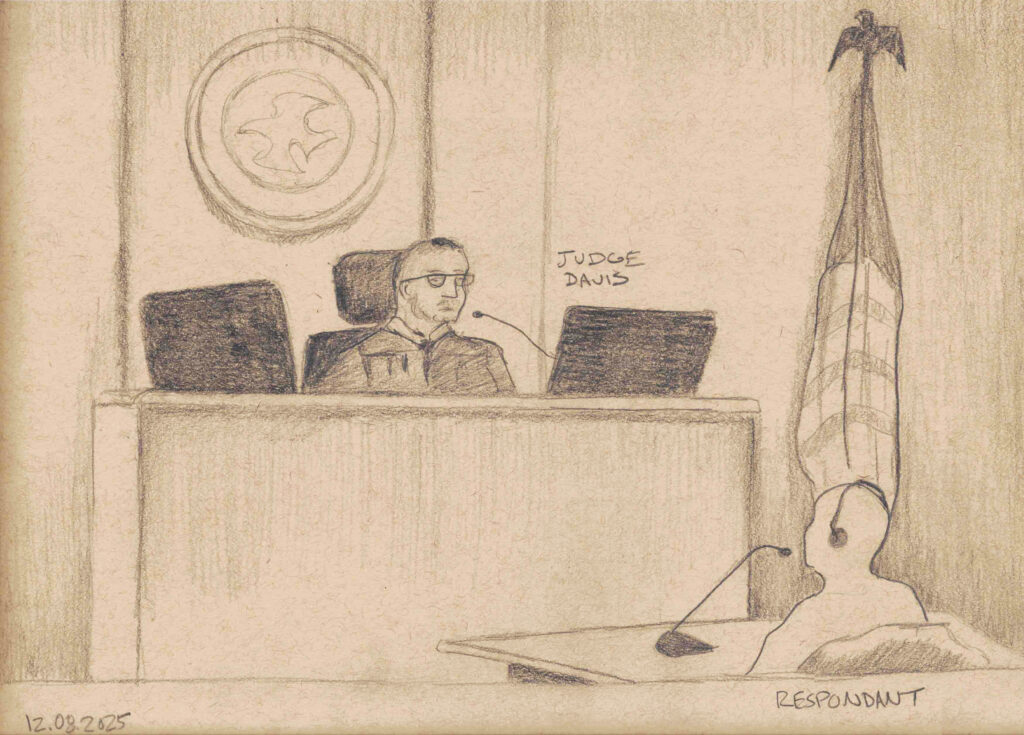 Judge Davis seated at a high desk with a court seal behind him, and american flag attached to a flag pole on the right. Silhouette of child respondant, sitting alone with no lawyer at a much lower desk beneath the judge
