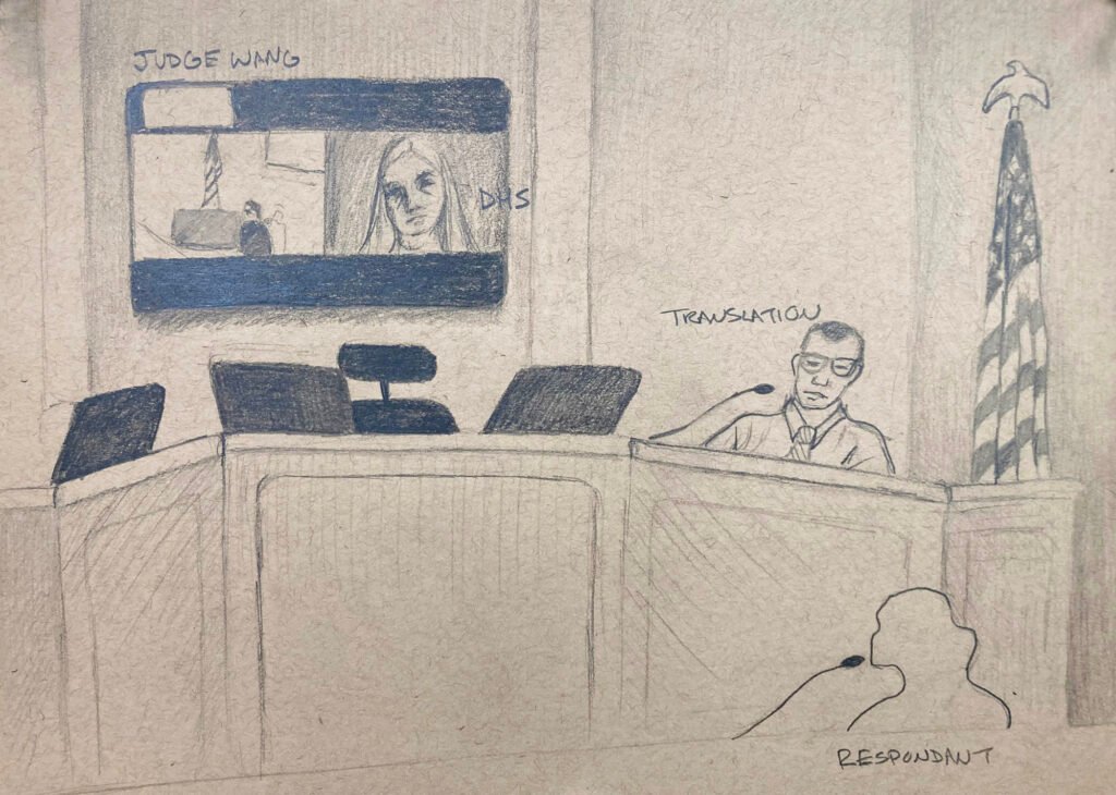 Courtroom with video monitor showing judge and DHS representative on screen. Judge's seat in the room is empty. Translator and immigrant respondant is present in courtroom. respondant is shown in silhouette line drawing. Other figures are drawn in more dtail. An American flag is on a flagstand on the right.  
